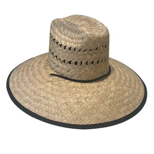 Beige straw lifeguard hat with wide brim black trim and decorative zigzag cutouts for sun protection