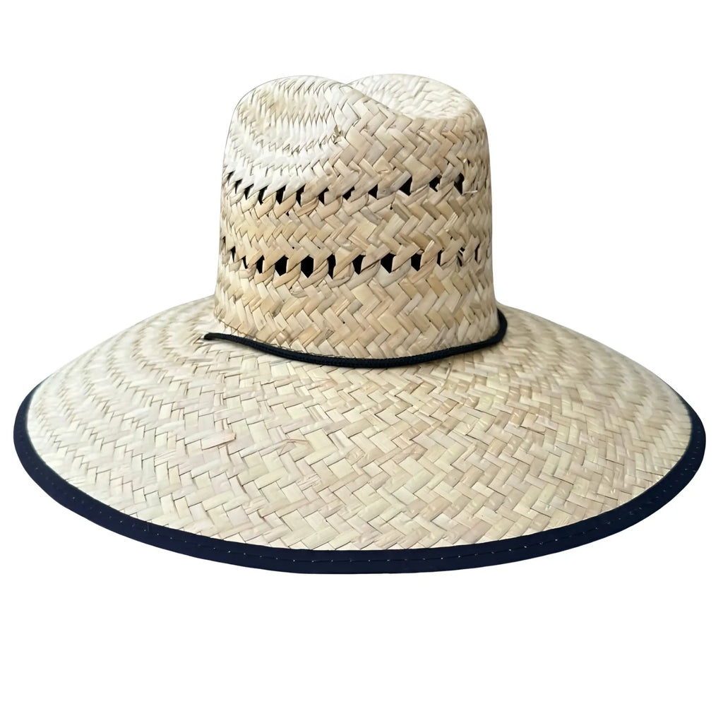Beige straw lifeguard hat with wide brim and navy blue trim made of straw for sun protection