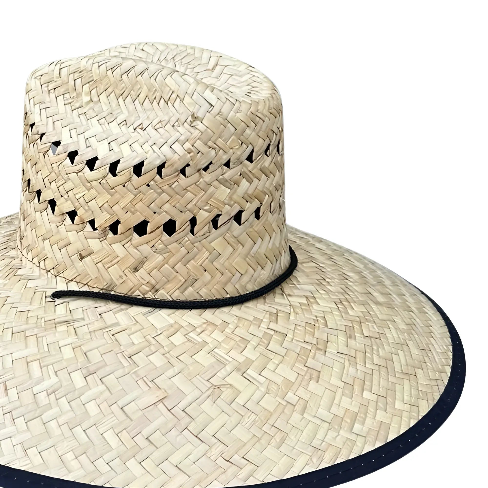 Beige woven straw lifeguard hat with wide brim and black trim designed for sun protection