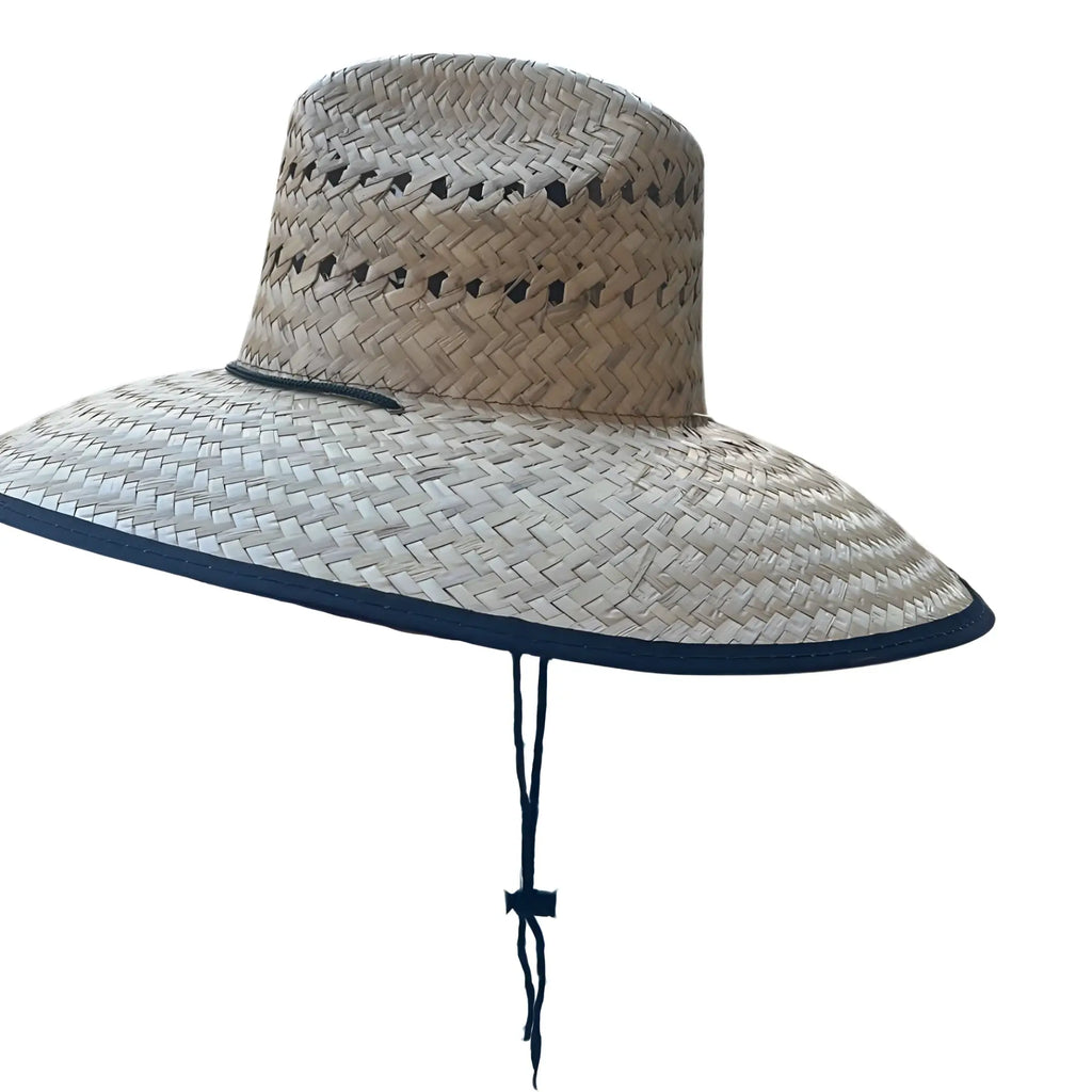 Beige woven straw lifeguard hat with wide brim and navy blue trim for sun protection
