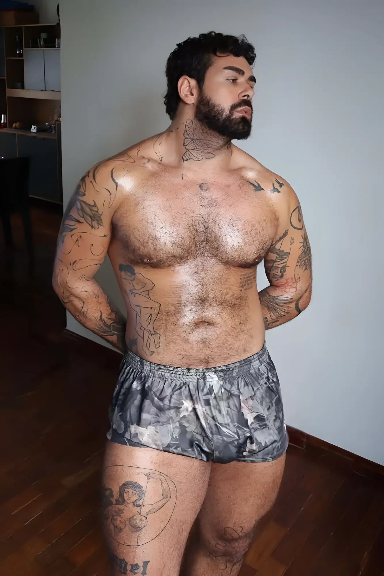 Stretch-it 2 inch athletic short shorts with gray and black leaf camo stretch fabric for active wear