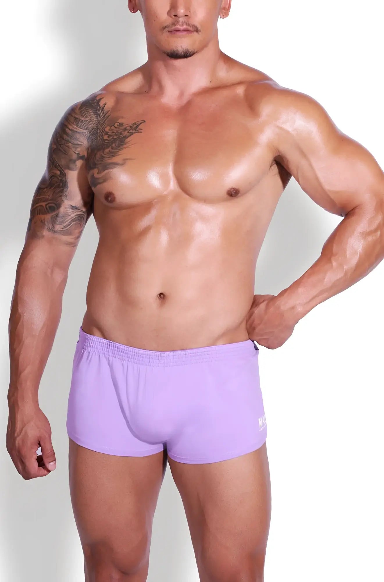 Lavender stretch-it 2 inch athletic briefs with elastic waistband and subtle brand logo on the side