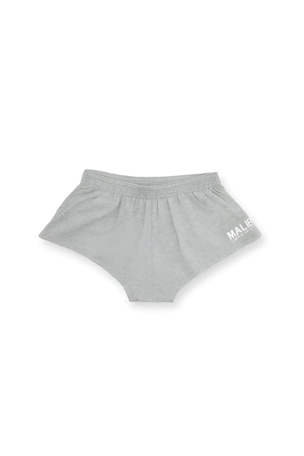 Gray cotton stretch-it 2 inch short shorts featuring a white malibu logo on the side in light grey color