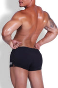 Black athletic stretch-it 2 inch short shorts with a small white logo on the left leg for active wear