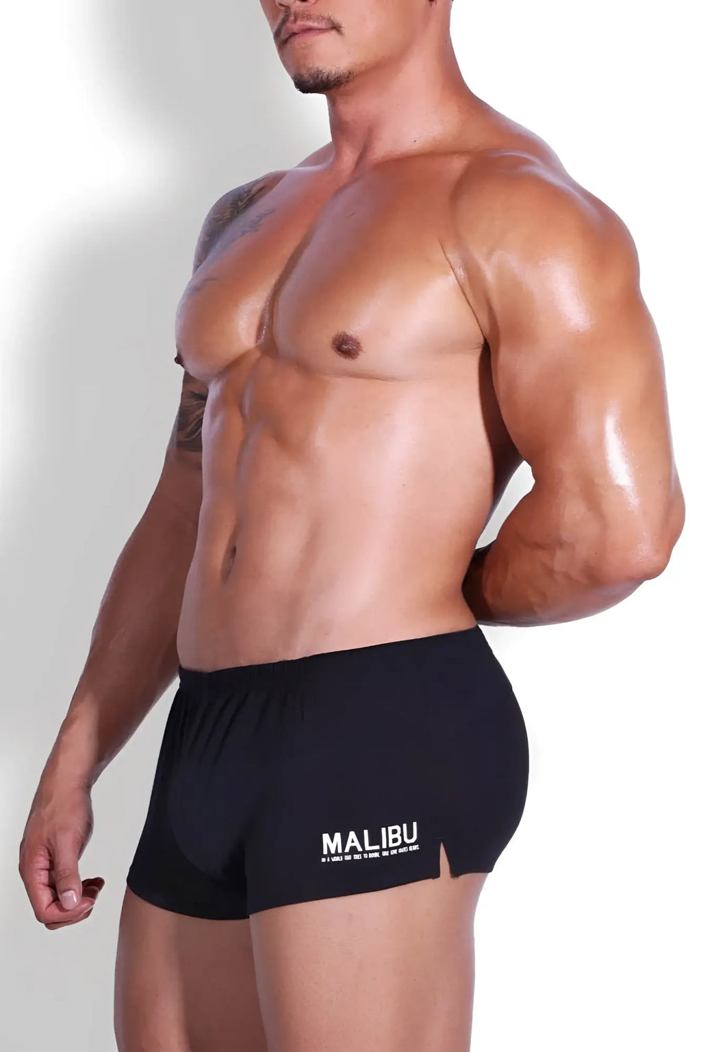 Black men’s stretch-it 2 inch short shorts briefs in midnight black with malibu branding on the side