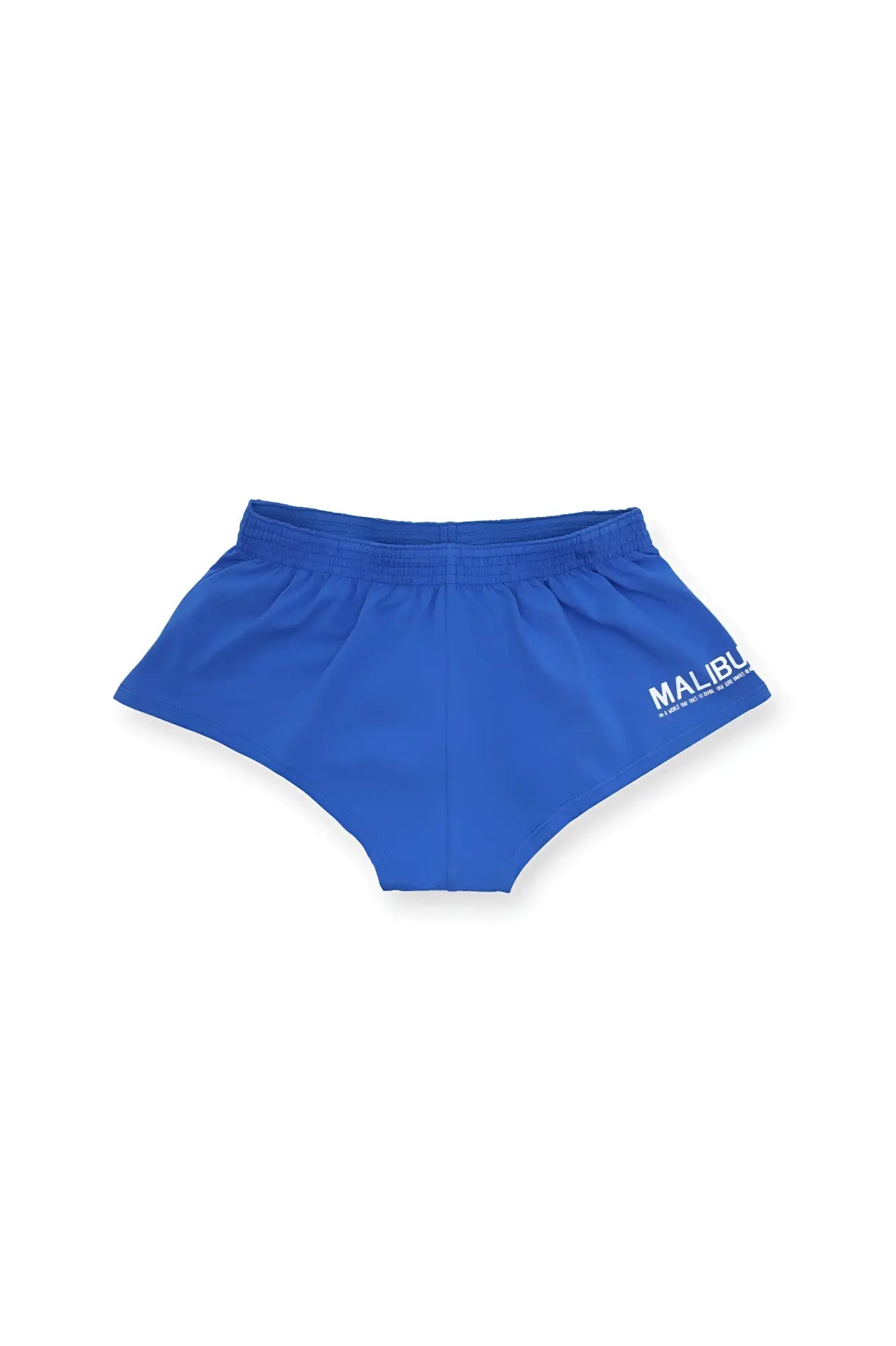 Bright blue stretch-it 2 inch short shorts with white malibu logo on the side designed for athletic use