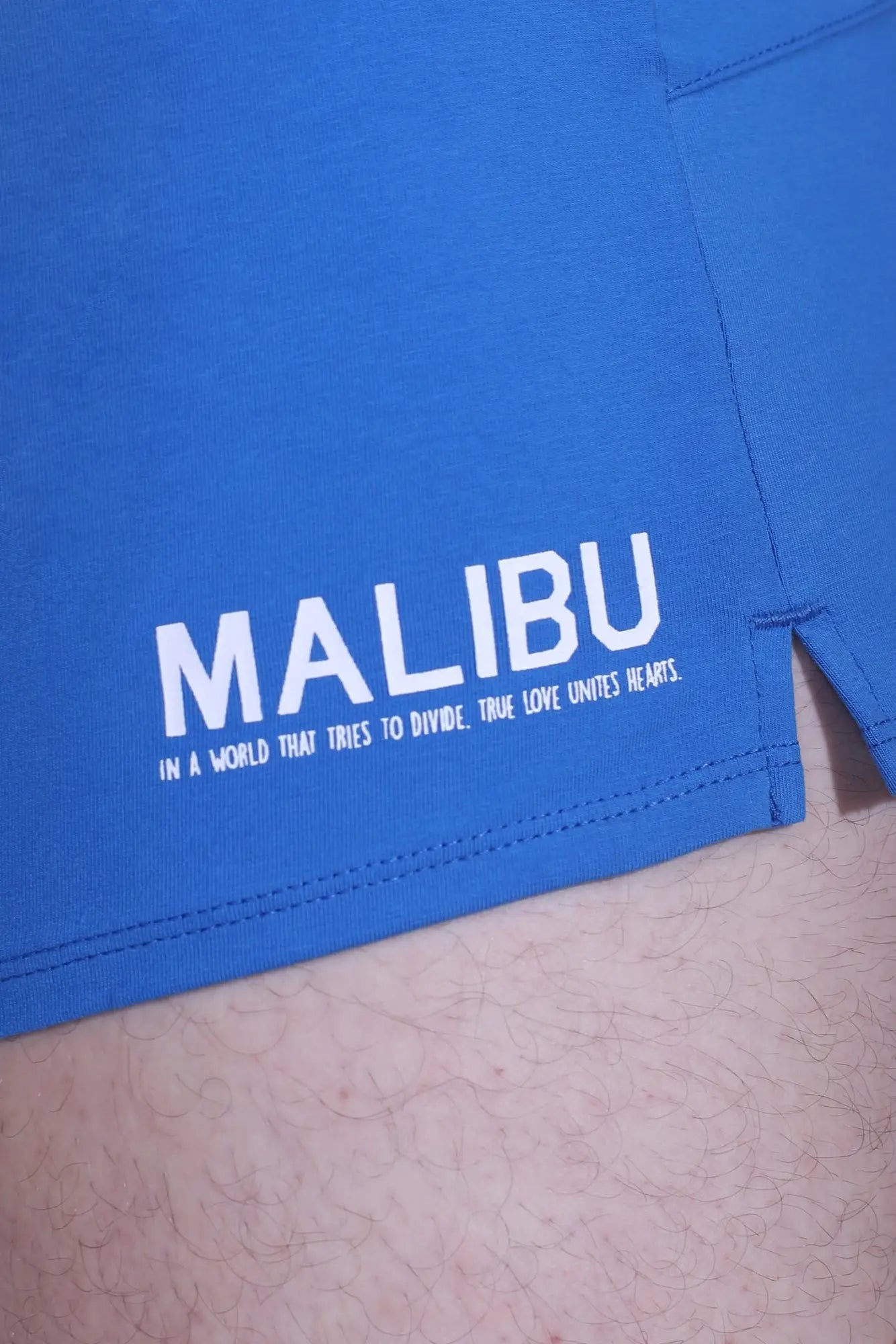 Bright blue malibu stretch-it 2 inch short shorts with white embroidered text on the leg in true blue color