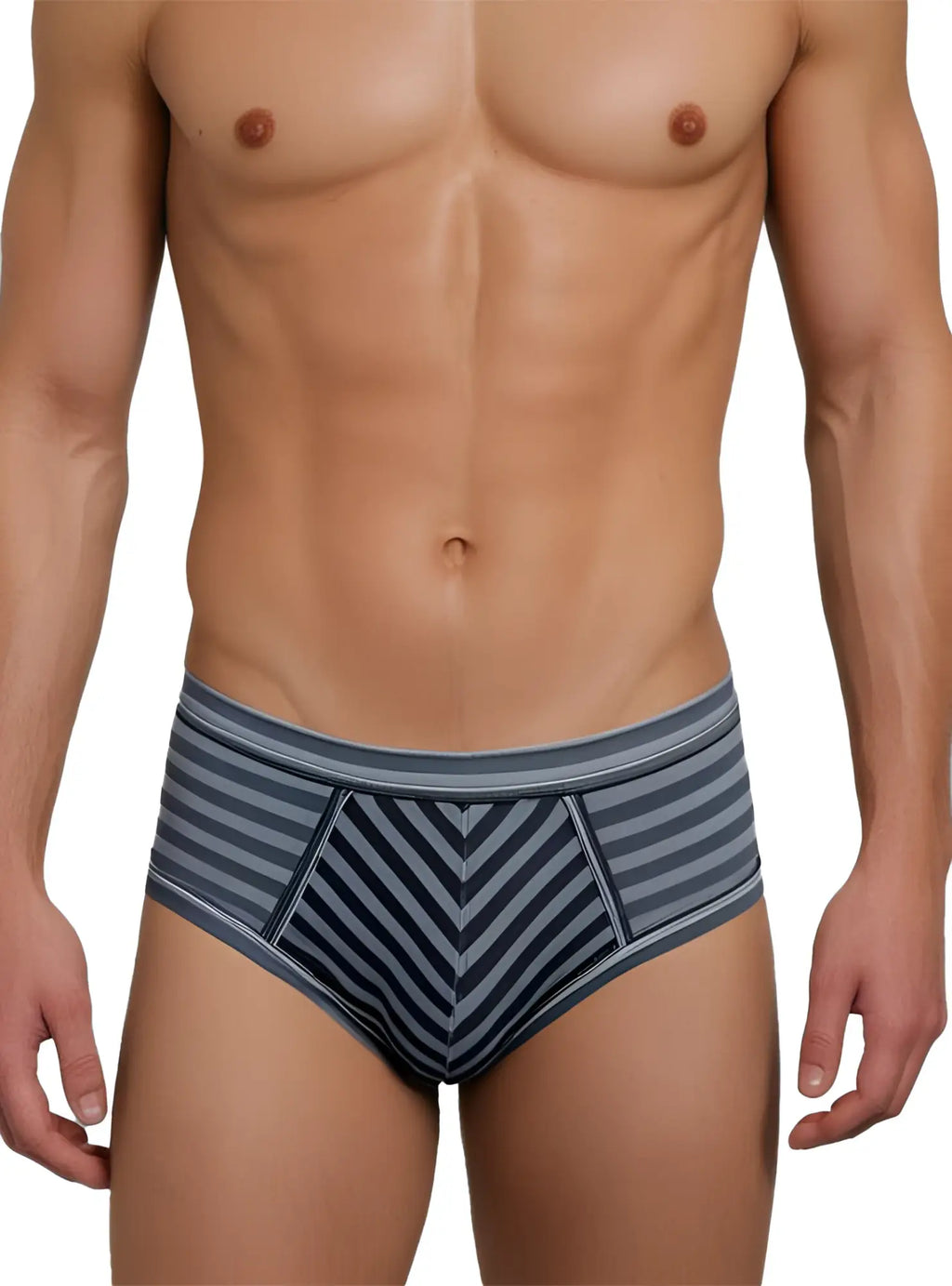 Stretch comfort brief men’s gray and navy blue striped briefs with chevron pattern for all-day stretch comfort