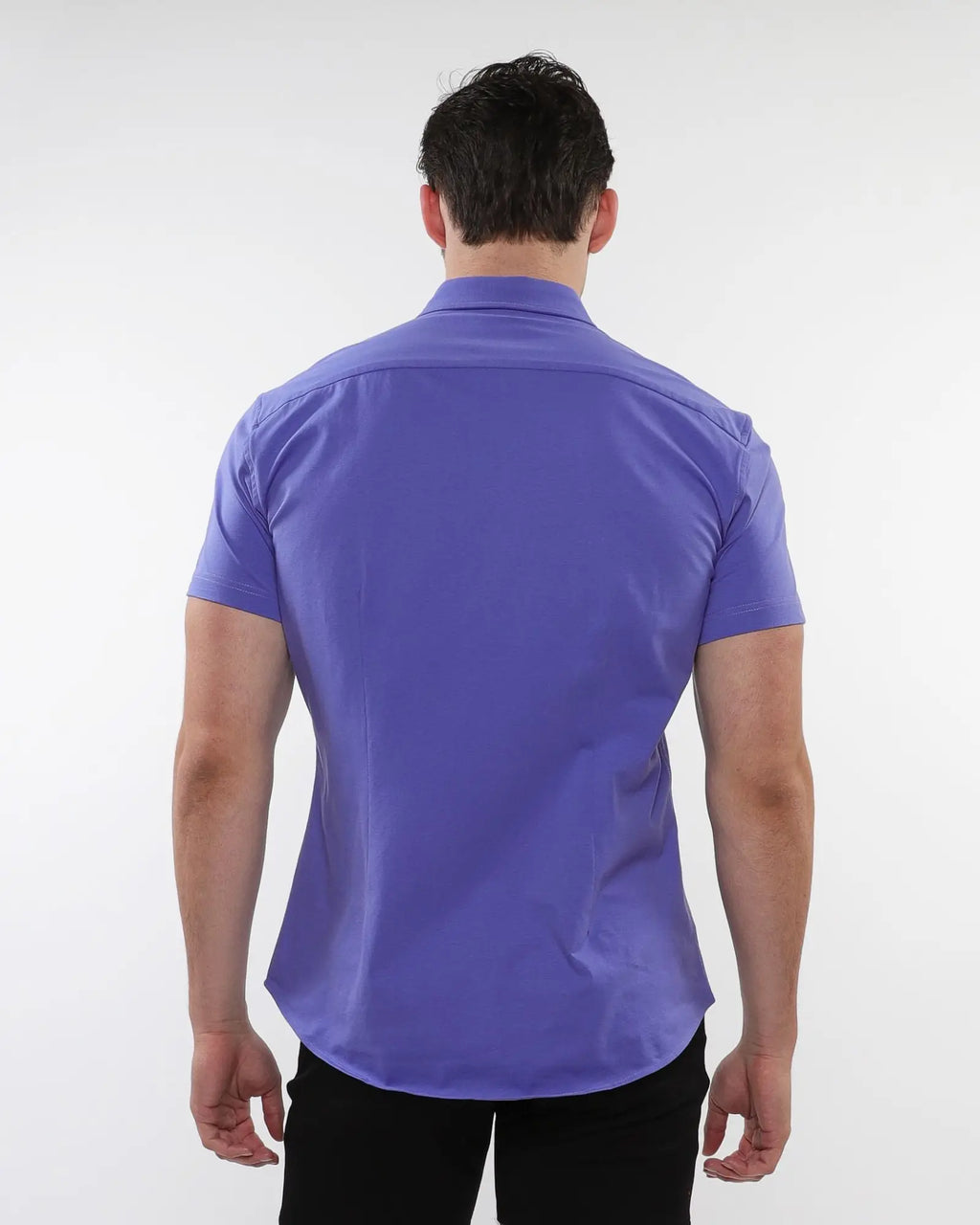 A sleek tailored fit purple stretch knit shirt with short sleeves and a crisp collar for stylish comfort
