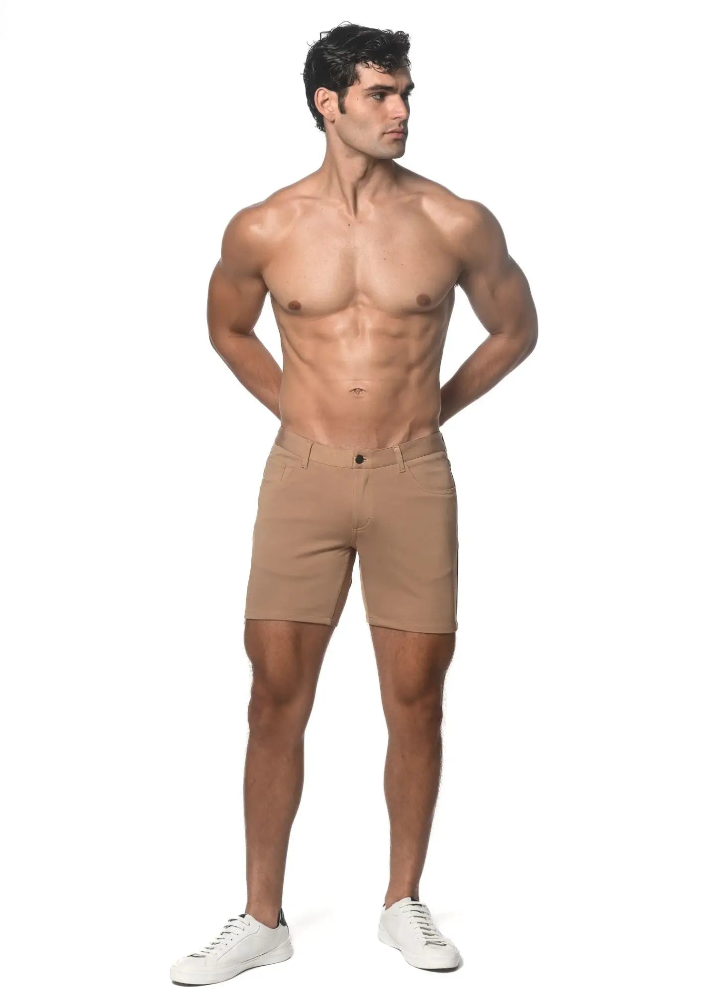 Beige stretch knit chino shorts with classic fit and button closure perfect for casual wear
