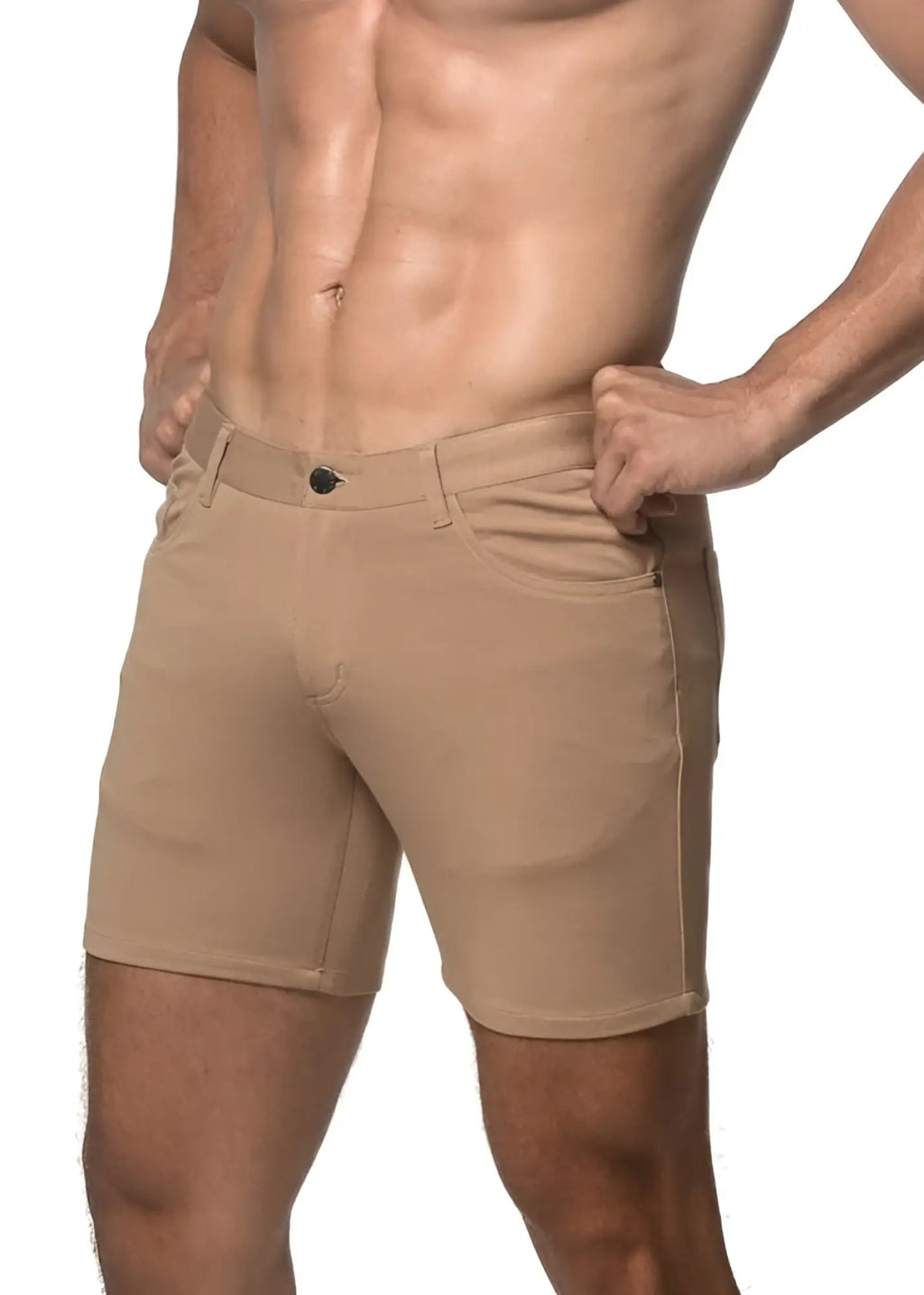 Beige stretch knit chino shorts with classic fit and black button closure for casual wear