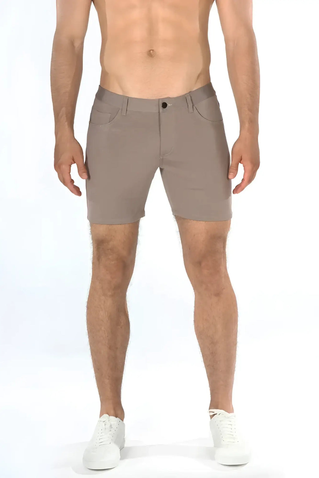 Beige stretch knit chino shorts with classic five-pocket design and button closure for comfortable casual wear