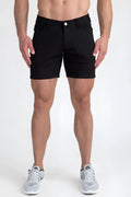 Black stretch knit shorts with a classic five-pocket design and single white button closure for casual wear
