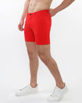 Bright red stretch knit chino shorts with form-fitting design five pockets and black button closure