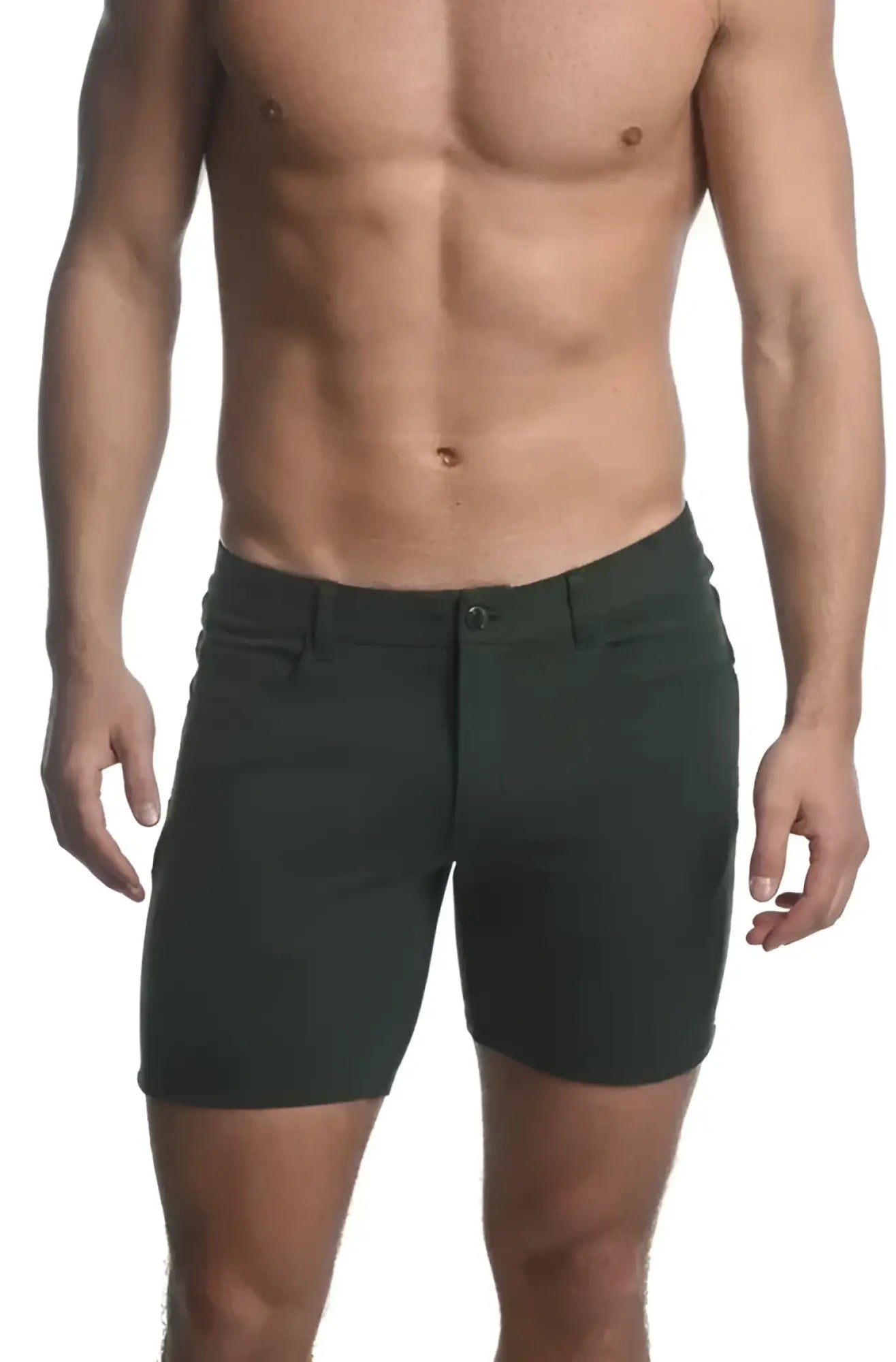 Dark green slim-fit stretch knit chino shorts with classic five-pocket design and belt loops for casual wear