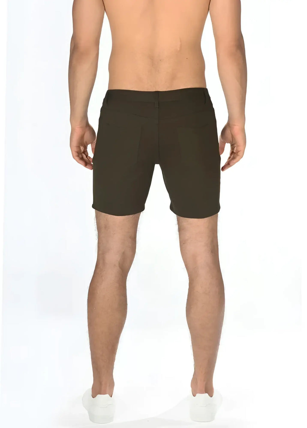 Dark olive slim-fit stretch knit shorts with a clean tailored design for comfortable casual wear