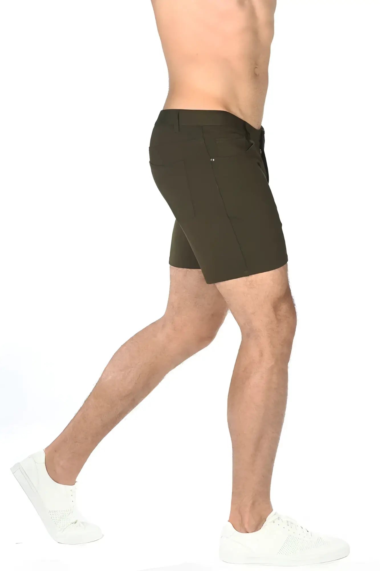 Dark olive green stretch knit short for men featuring sleek modern design and subtle stitching details