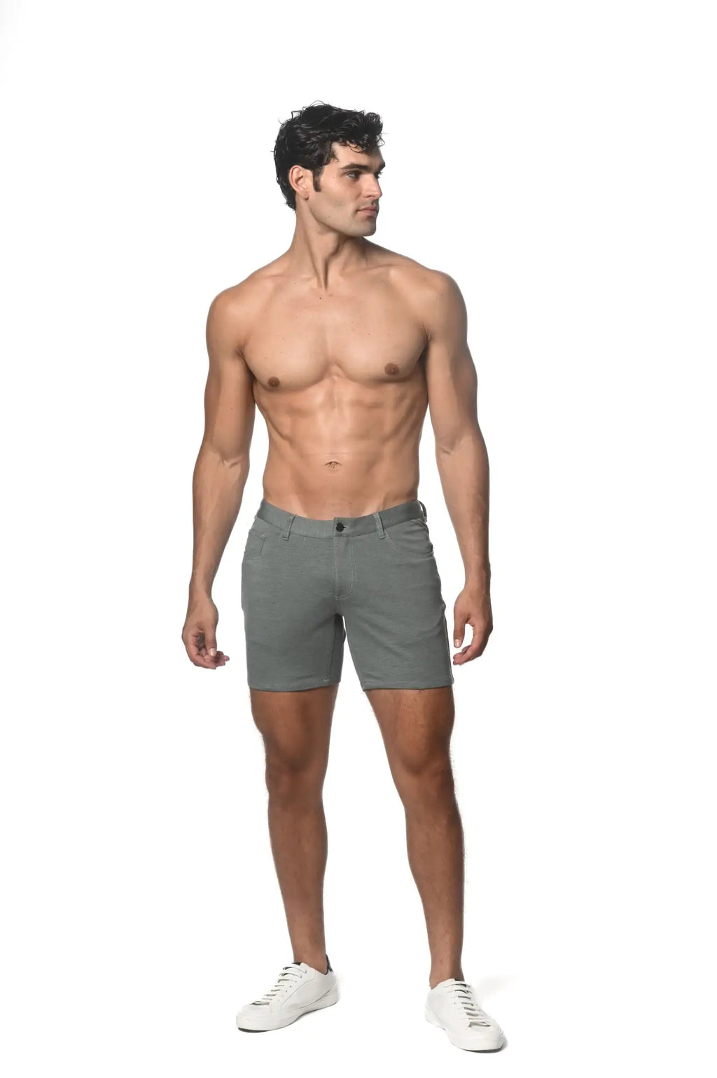 Gray stretch knit chino shorts with classic fit and button closure for comfortable casual wear