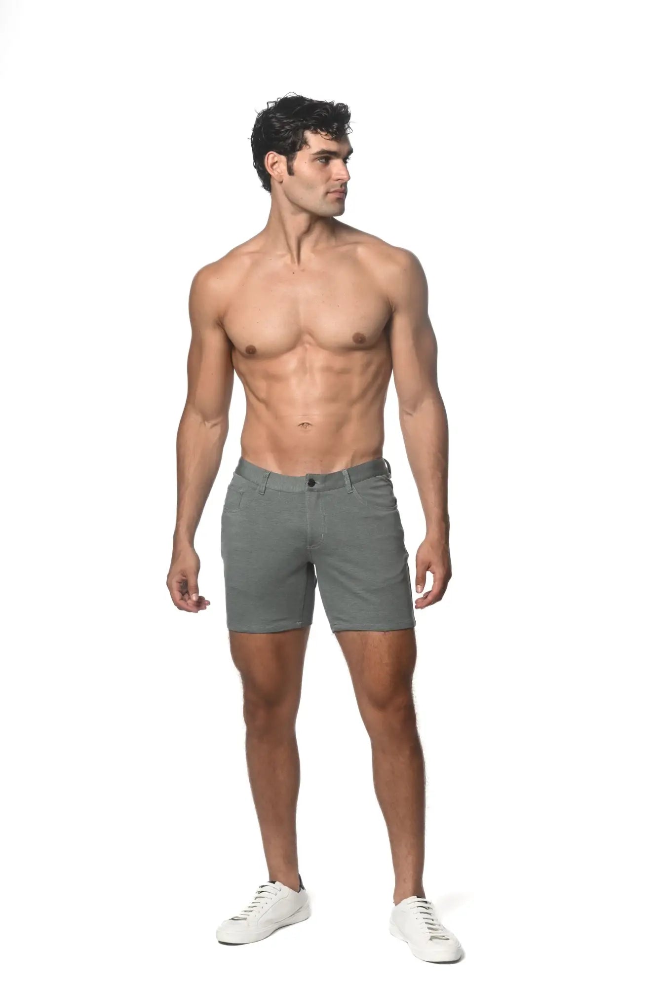 Gray stretch knit chino shorts with classic fit and button closure for comfortable casual wear
