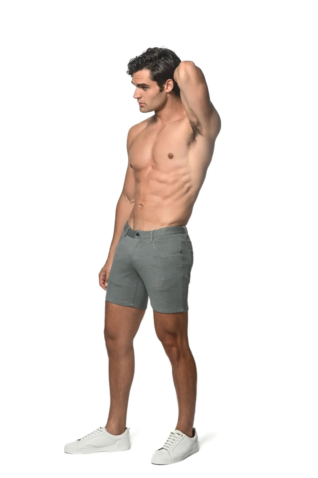 Gray stretch knit short denim shorts with classic five-pocket design and belt loops for casual wear