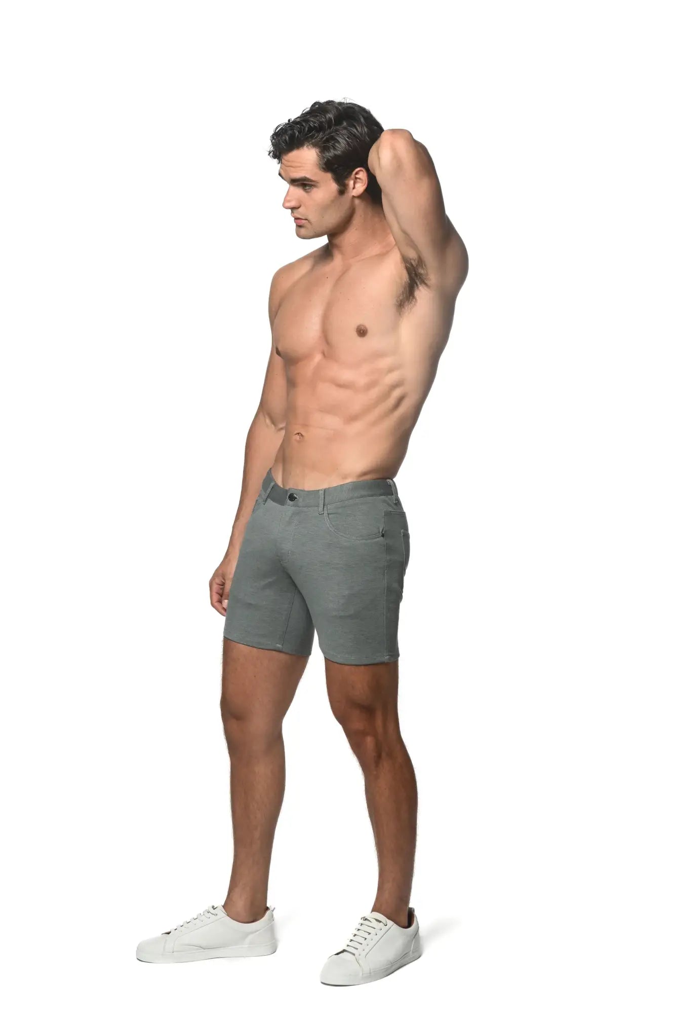 Gray stretch knit short denim shorts with classic five-pocket design and belt loops for casual wear