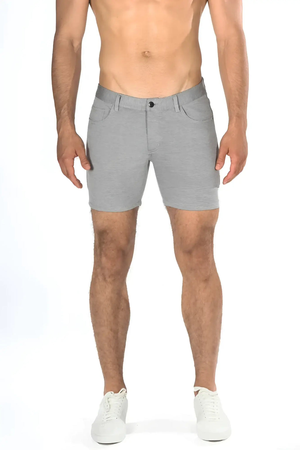 Gray heathered stretch knit shorts with sleek modern design and subtle stitching details for comfort and style