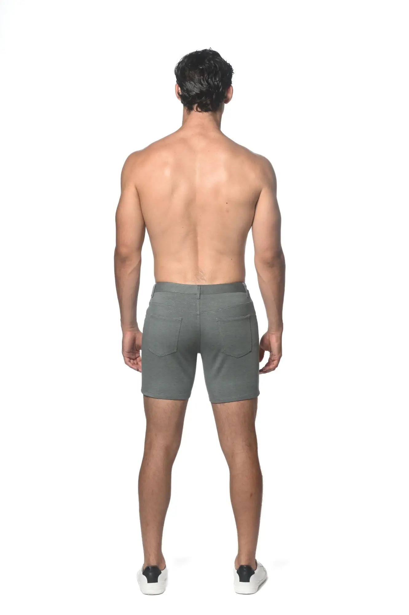 Gray stretch knit shorts with sleek modern design and subtle stitching details for comfortable wear