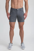 Gray stretch knit shorts with textured fabric button closure and side pockets for comfortable casual wear