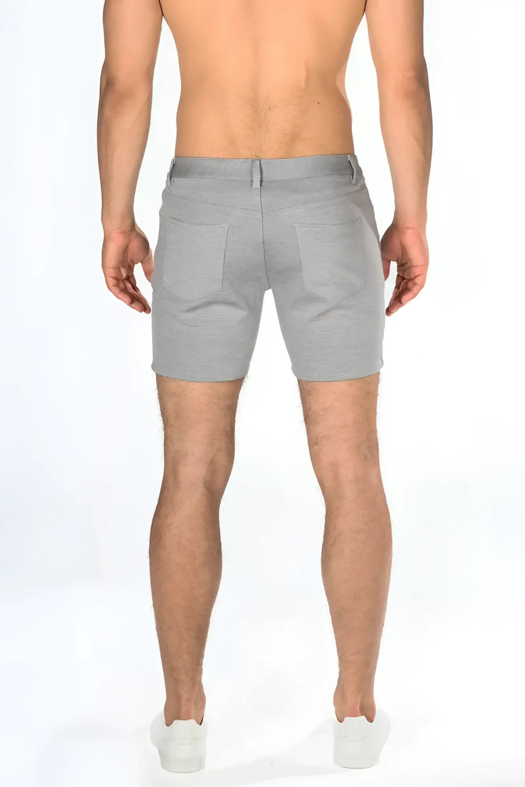 Gray textured stretch knit shorts with a clean modern design made from comfortable stretch fabric