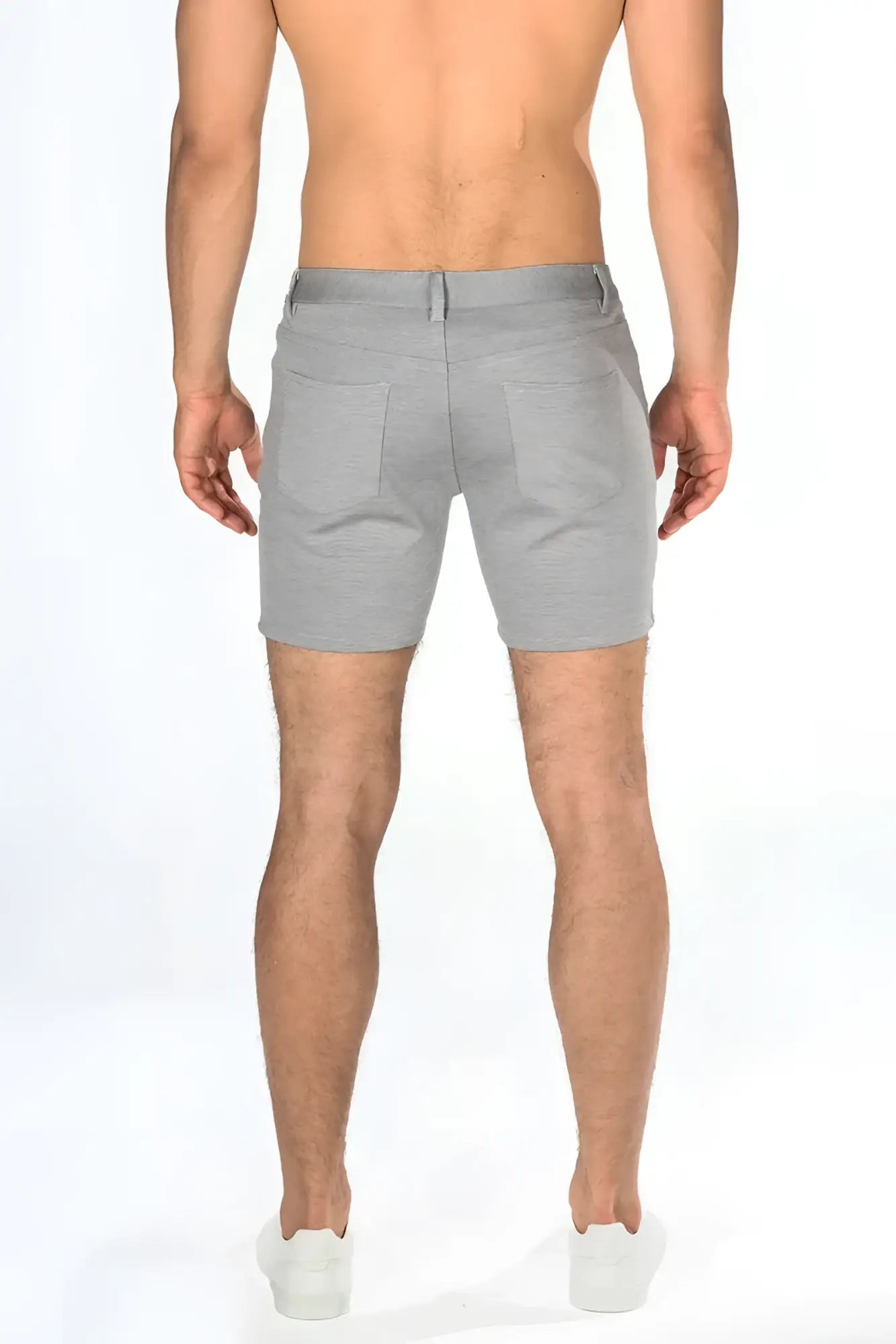 Gray textured stretch knit shorts with a clean modern design made from comfortable stretch fabric
