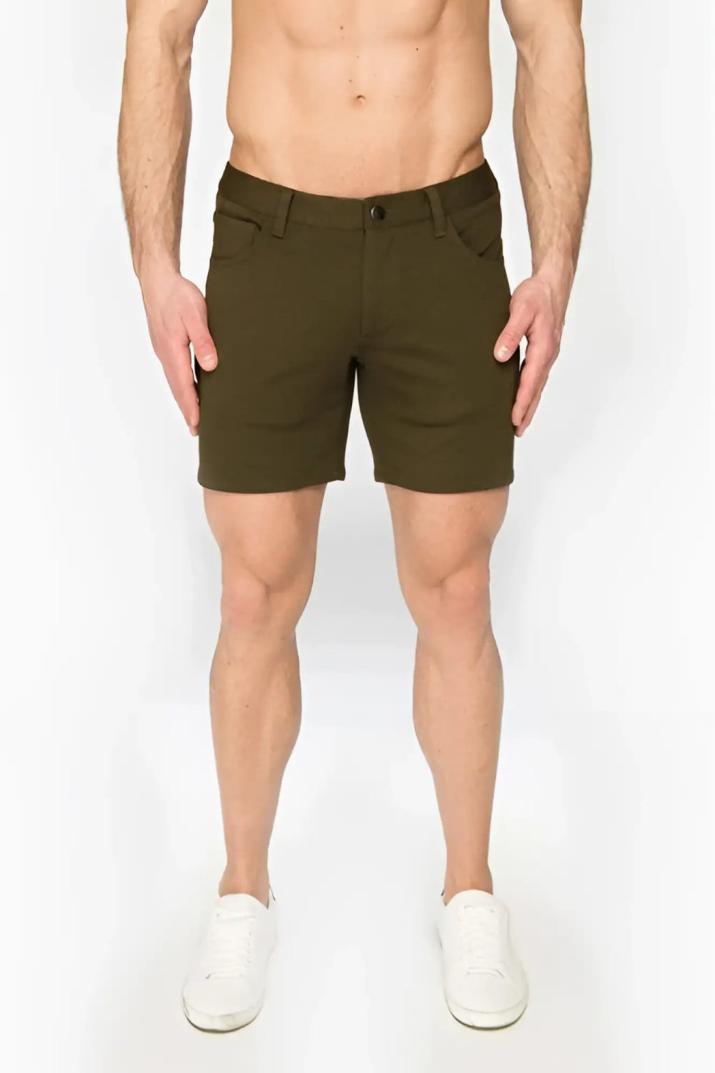Olive green stretch knit chino shorts with classic fit and button closure for casual wear