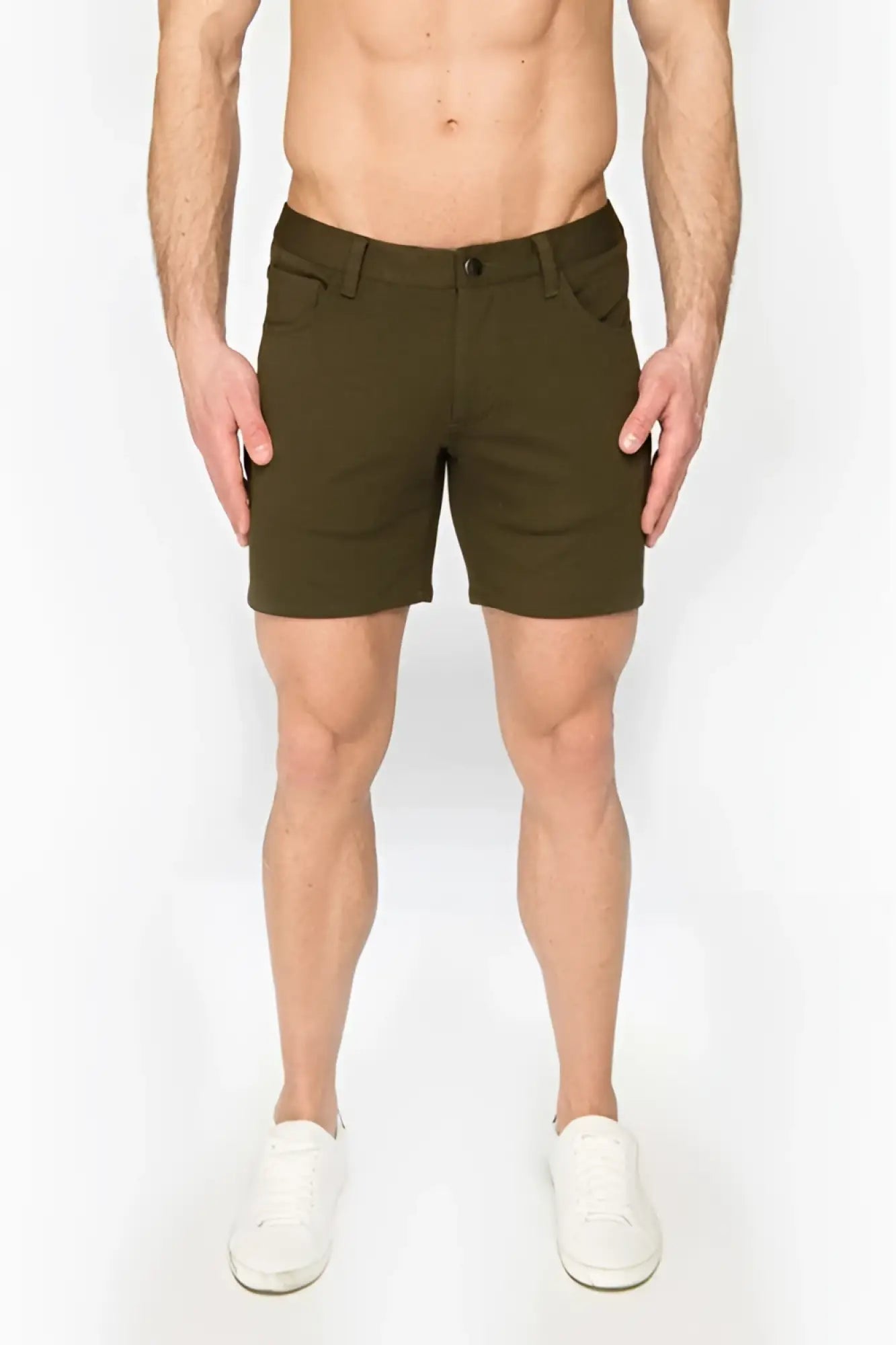 Olive green stretch knit chino shorts with classic fit and button closure for casual wear