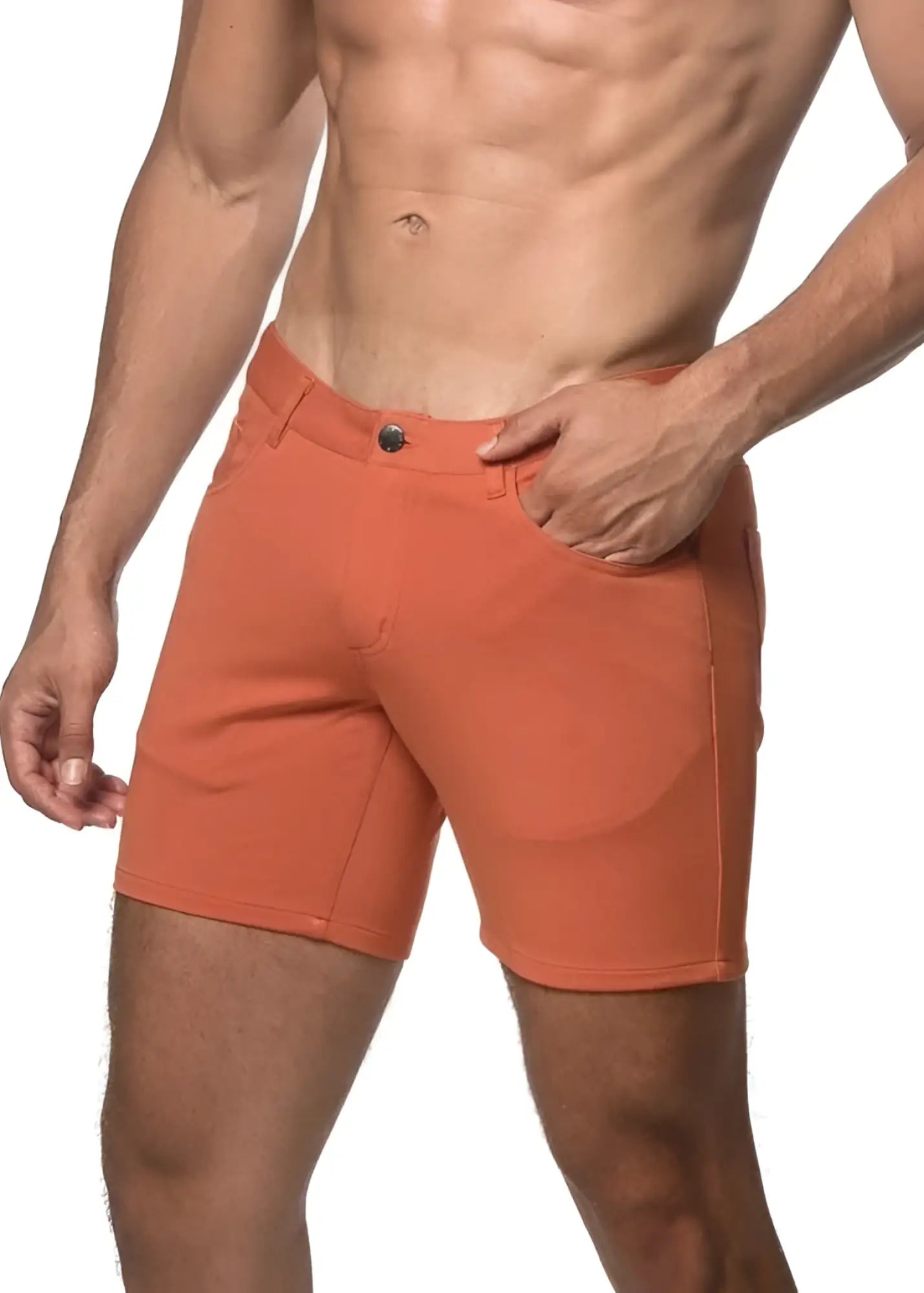 Orange stretch knit short athletic shorts with button closure and side pockets made of breathable fabric