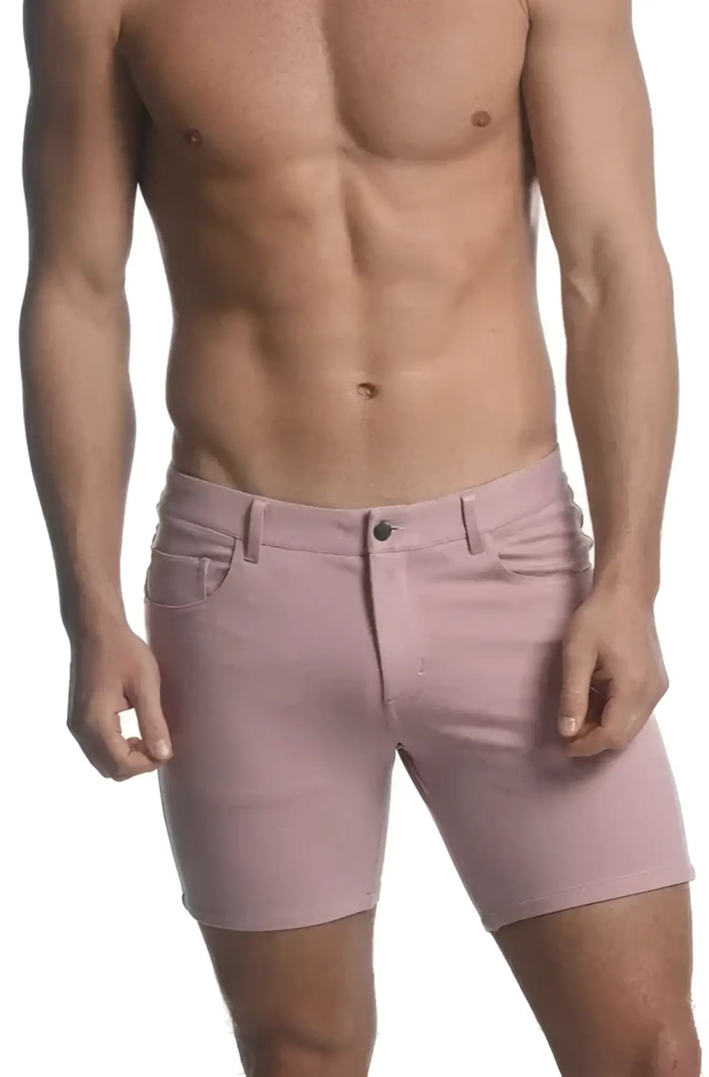 A pair of men’s pink stretch knit shorts in denim with classic five-pocket design and button closure