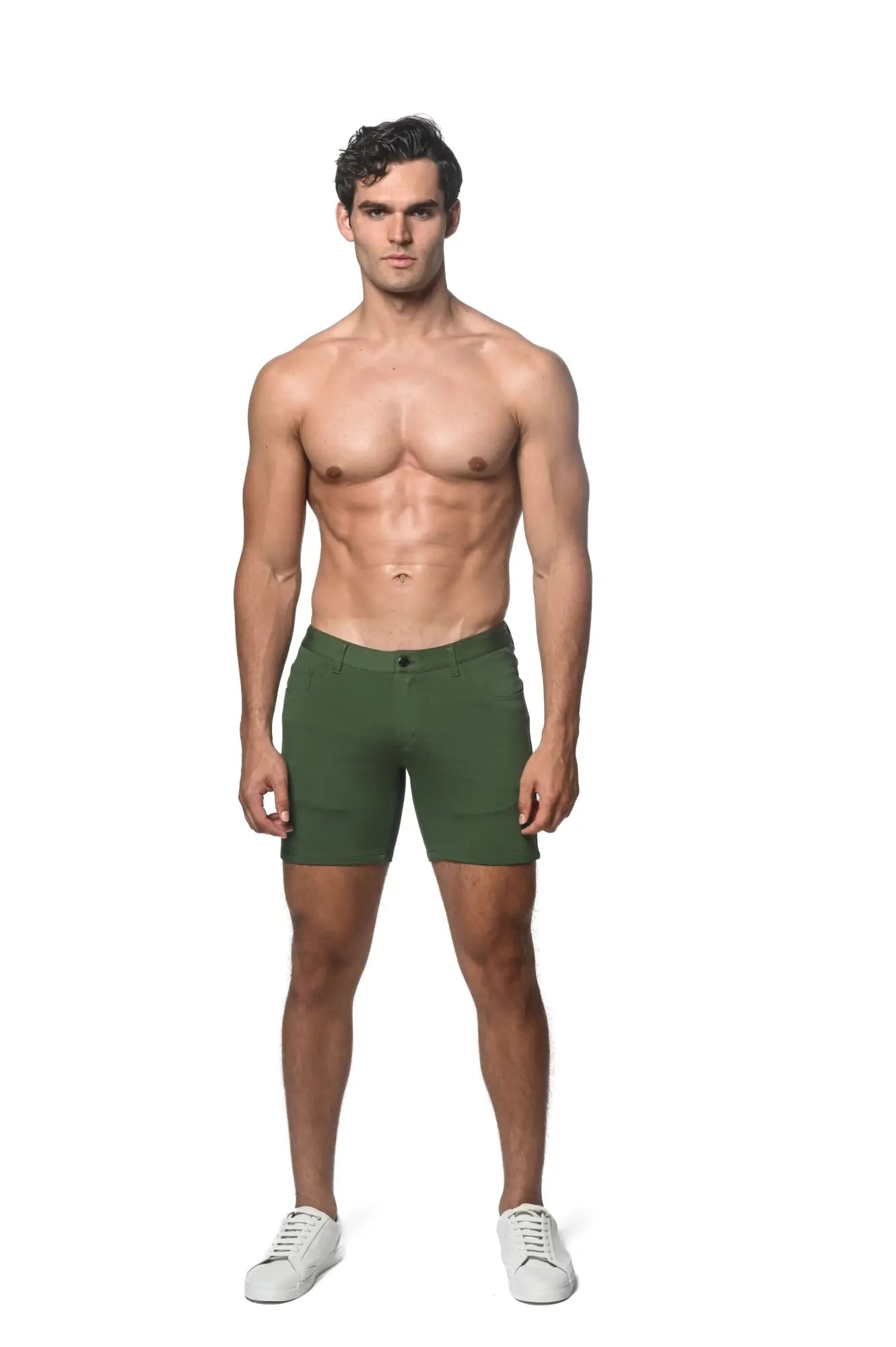Stretch knit short olive green slim fit shorts with classic button closure and subtle side pockets