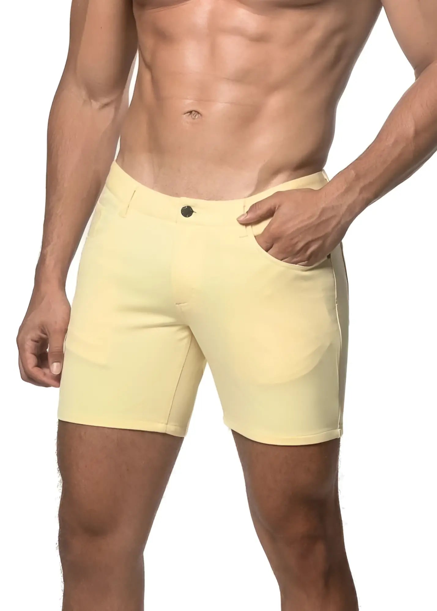 A pair of pale yellow stretch knit shorts with a classic button closure and side pockets in form-fitting style