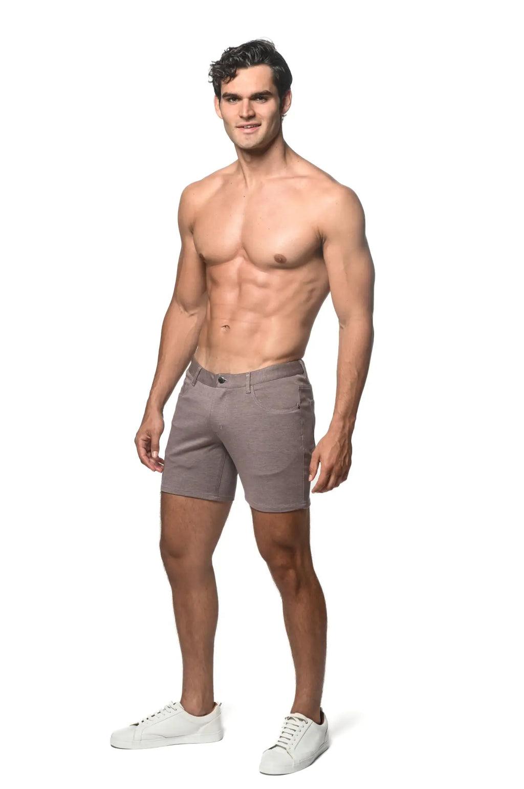 A pair of slim-fit gray stretch knit chino shorts with a classic five-pocket design and belt loops