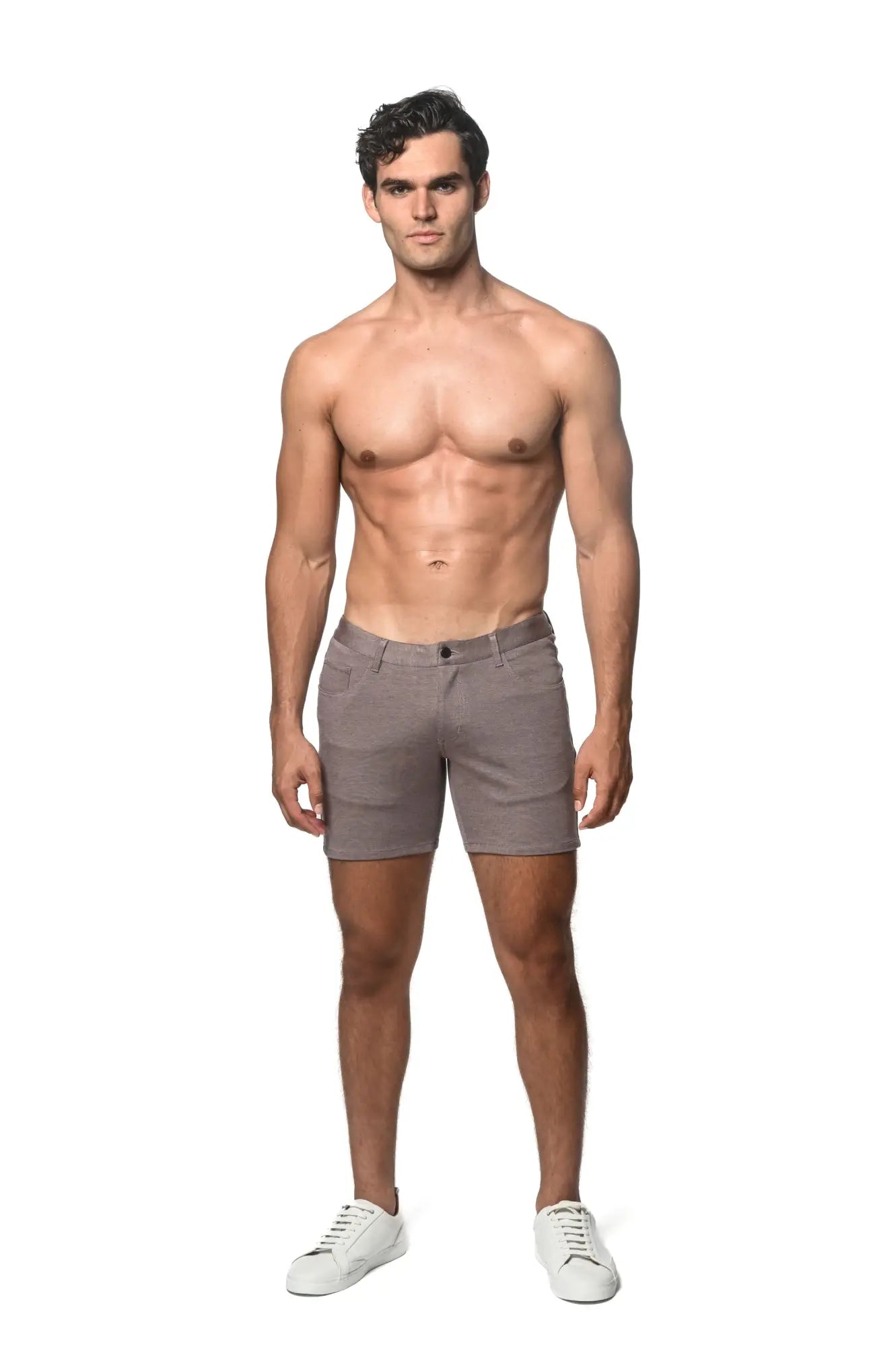 A pair of slim-fit muted gray stretch knit chino shorts with five pockets and belt loops