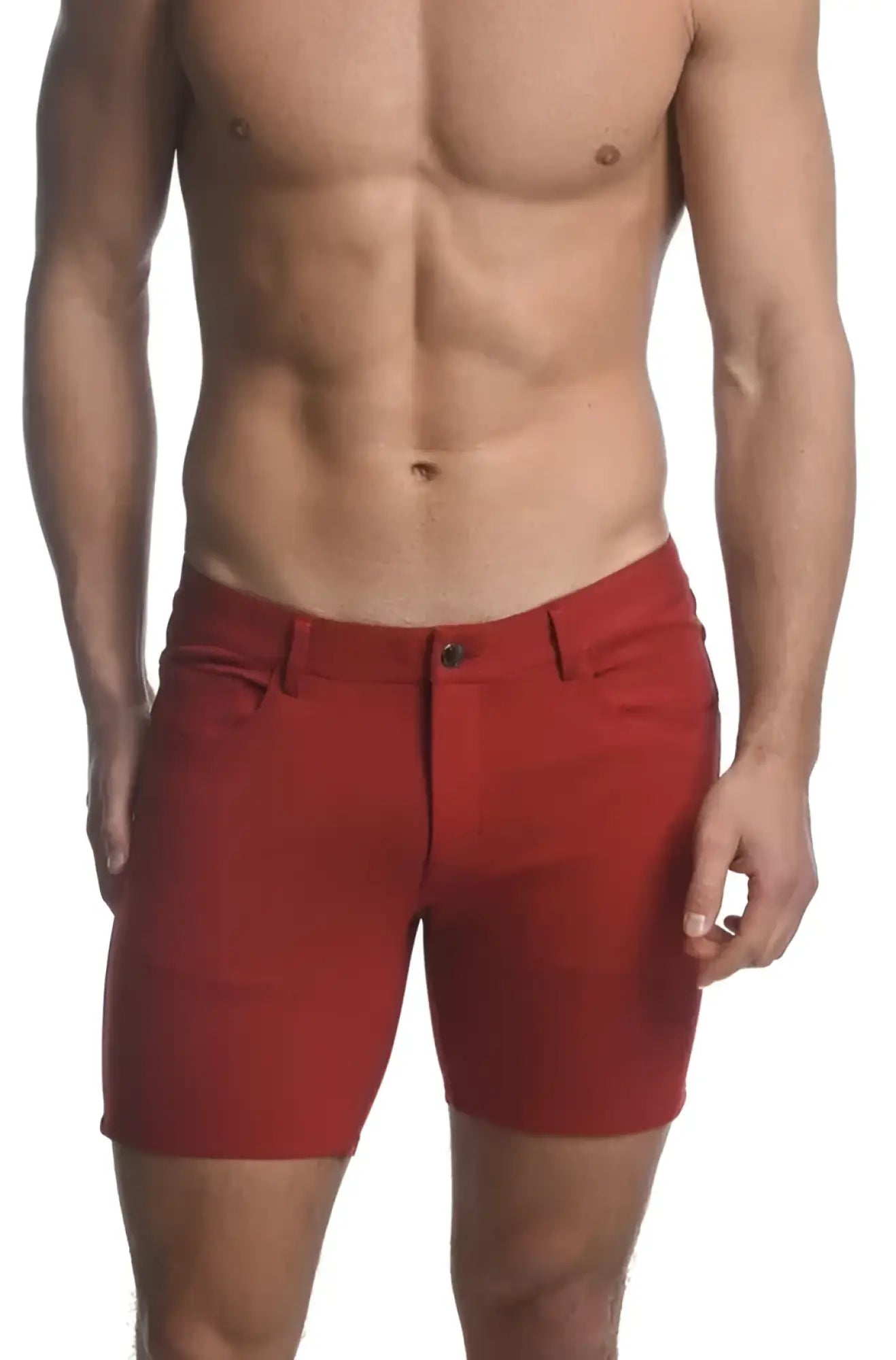 Red men’s stretch knit shorts with tailored fit and classic design made from stretch fabric for comfortable wear