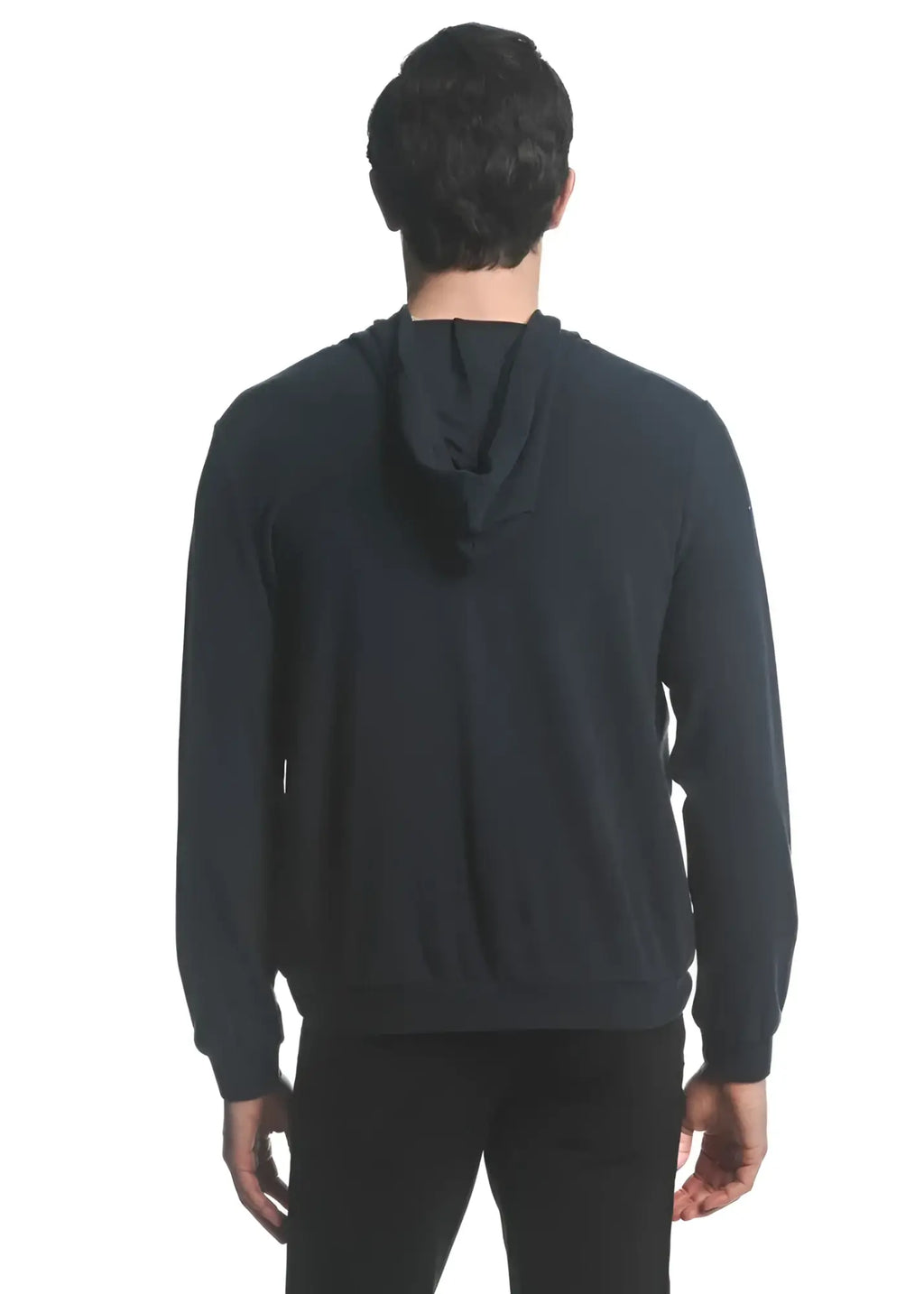 Black stretch knit zip-up hoodie made of smooth soft fabric with subtle ribbed cuffs for comfortable wear