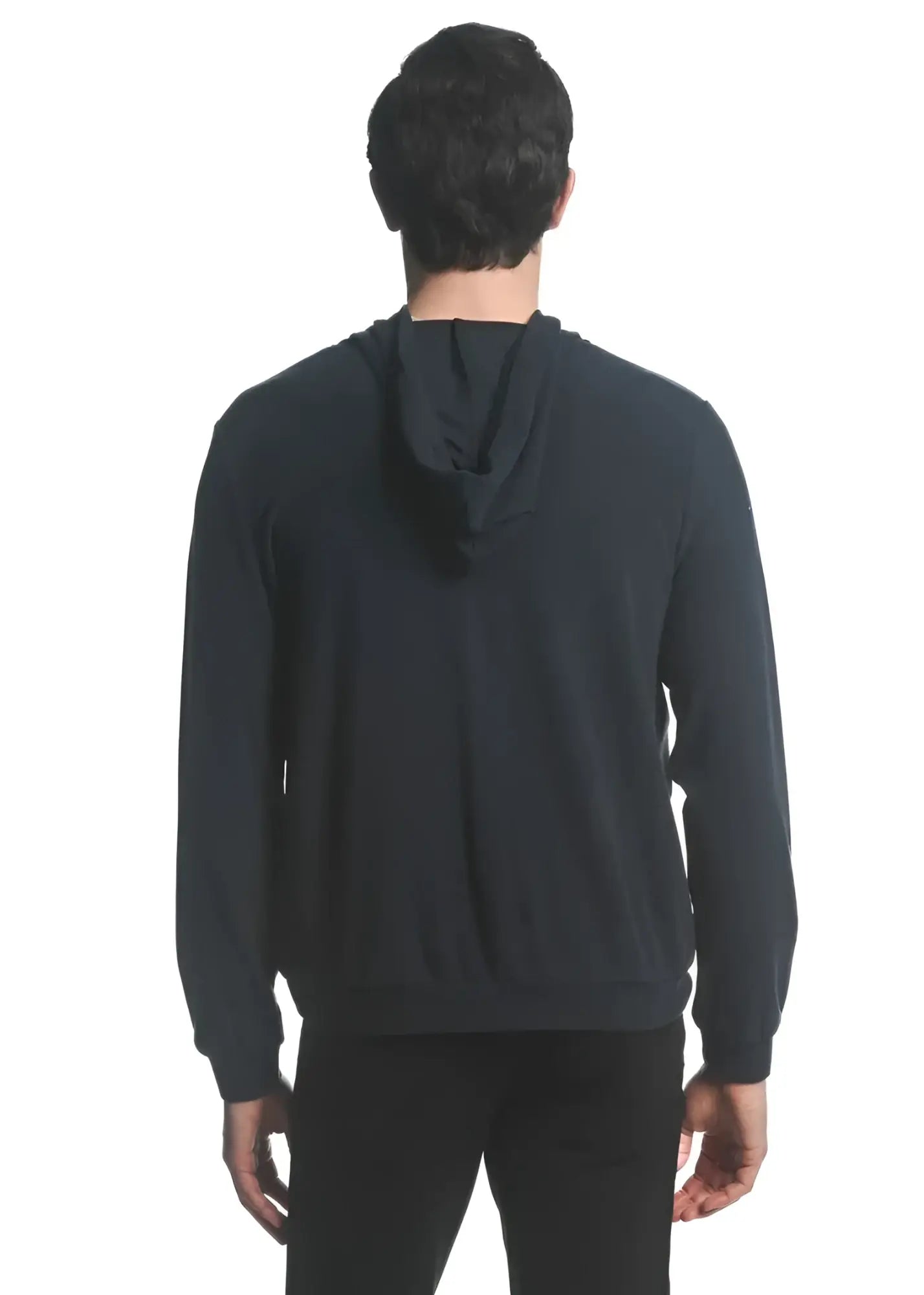 Black stretch knit zip-up hoodie made of smooth soft fabric with subtle ribbed cuffs for comfortable wear