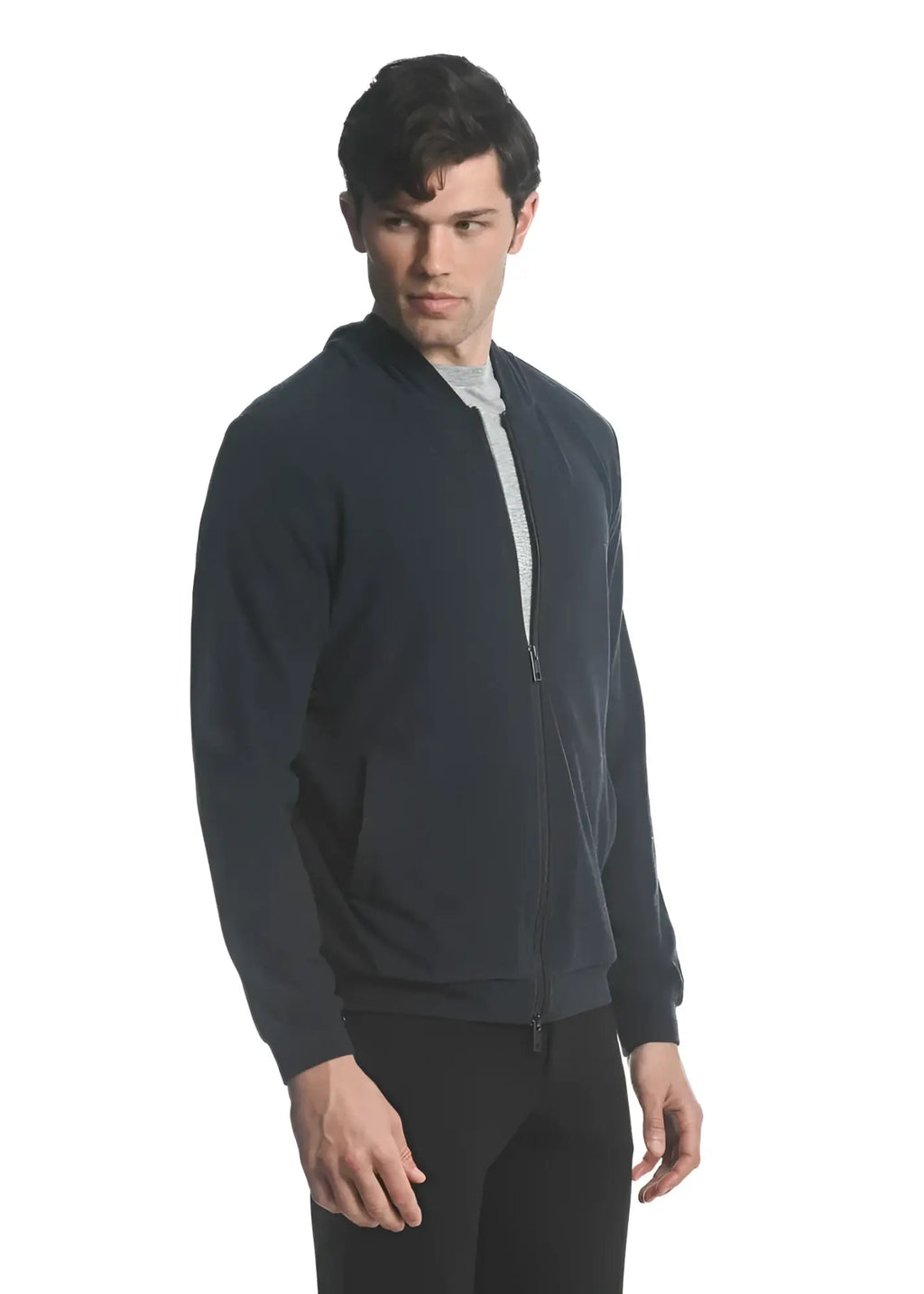 Dark navy blue stretch knit zip-up hoodie with ribbed cuffs hem and bomber jacket style design