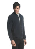 Dark navy blue stretch knit zip-up hoodie with ribbed cuffs hem and bomber jacket style design