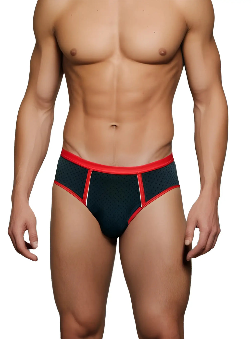 Black stretch mesh brief with red trim and perforated mesh detailing for breathable athletic support
