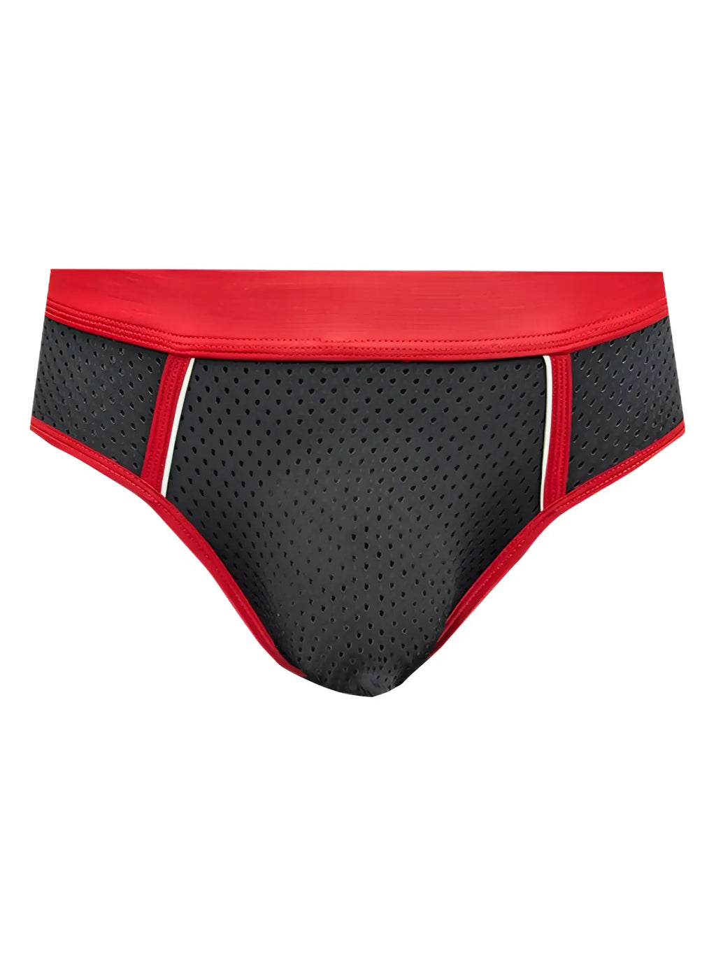 Black stretch mesh briefs with red trim and white piping showcasing breathable lightweight fabric