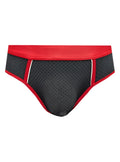 Black stretch mesh briefs with red trim and white piping showcasing breathable lightweight fabric
