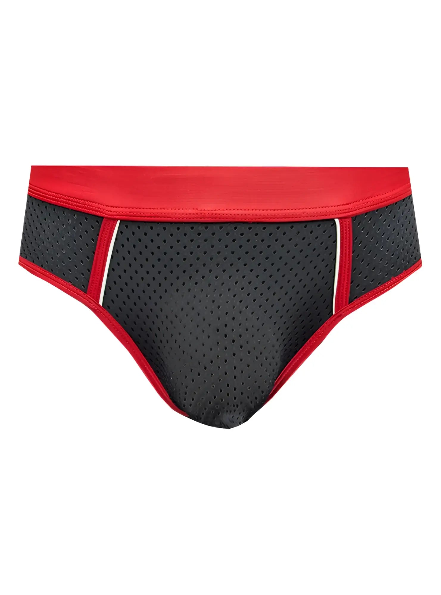 Black stretch mesh briefs with red trim and white piping showcasing breathable lightweight fabric