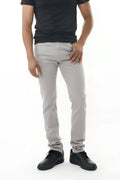 Gray stretch twill pant featuring slim-fit design with clean modern cut and subtle stitching details