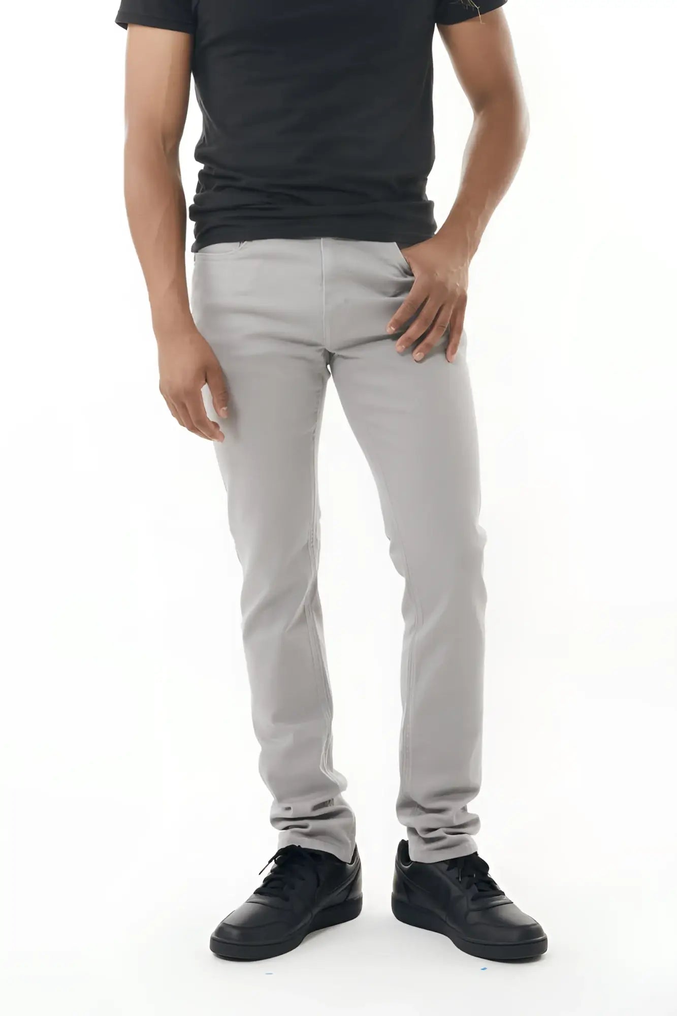 Gray stretch twill pant featuring slim-fit design with clean modern cut and subtle stitching details