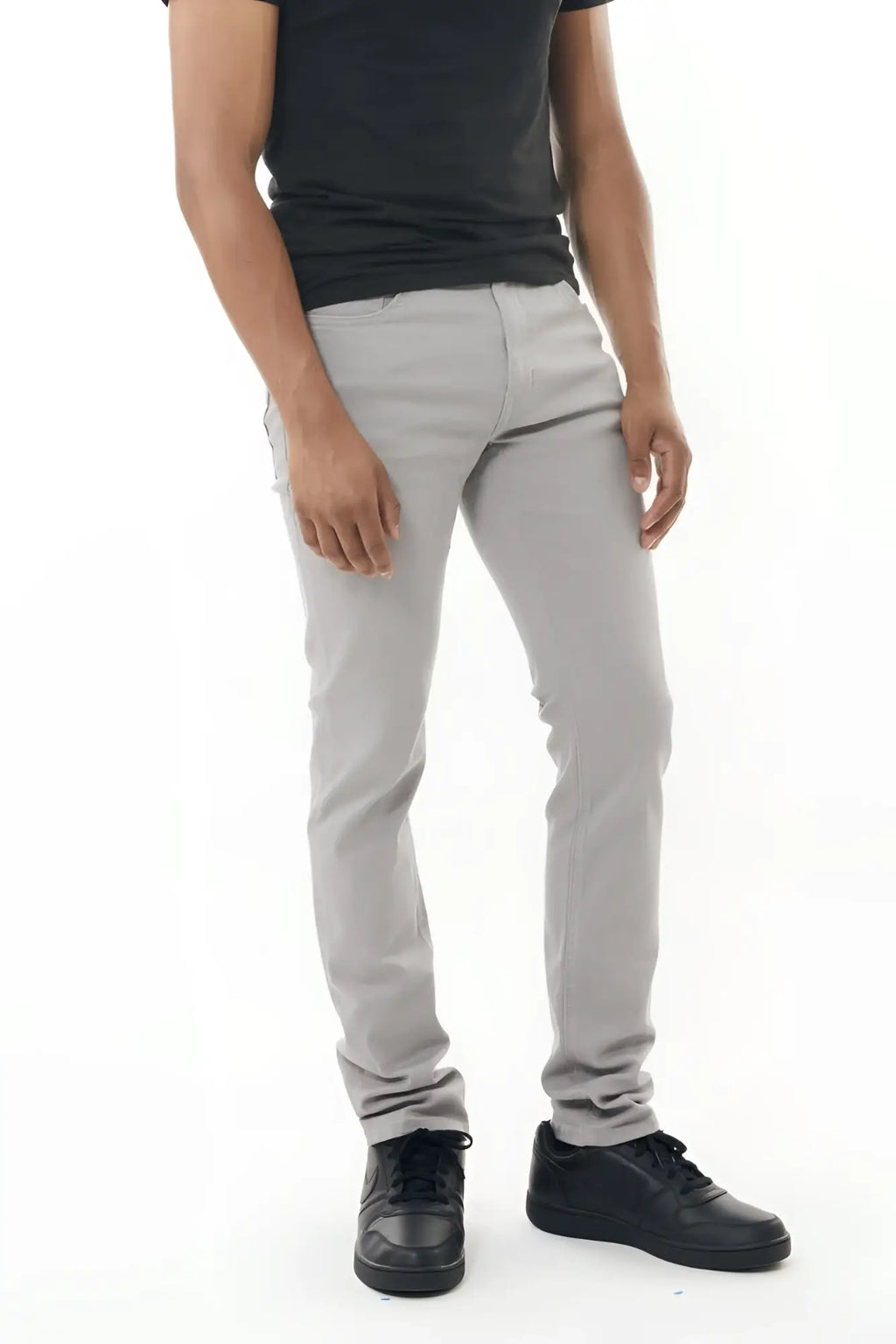 Gray slim-fit stretch twill pant with a modern cut and subtle stitching details in durable fabric